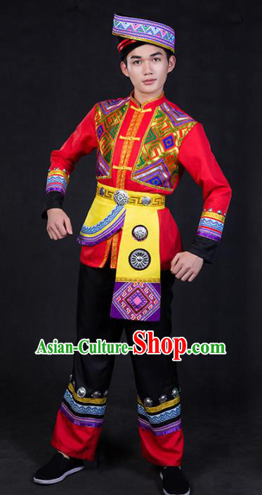 Chinese Traditional Zhuang Nationality Red Clothing Ethnic Festival Folk Dance Costume for Men
