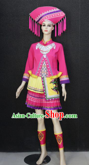 Chinese Traditional Zhuang Nationality Embroidered Pink Pleated Skirt Ethnic Folk Dance Costume for Women