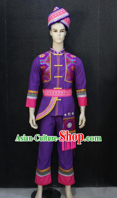 Chinese Traditional Zhuang Nationality Purple Clothing Ethnic Festival Folk Dance Costume for Men