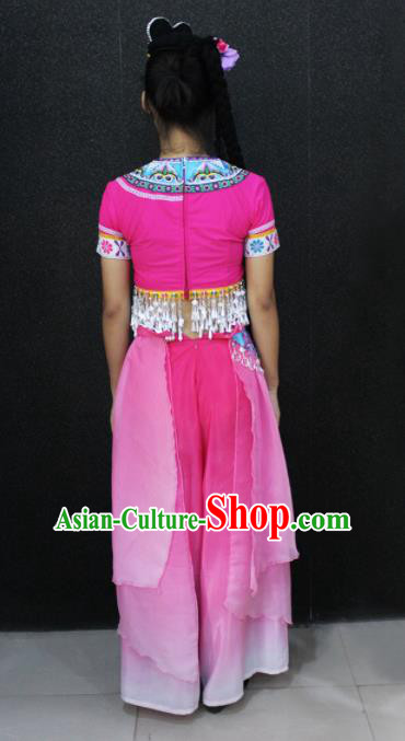 Chinese Traditional Zhuang Nationality Pink Dress Ethnic Folk Dance Costume for Women