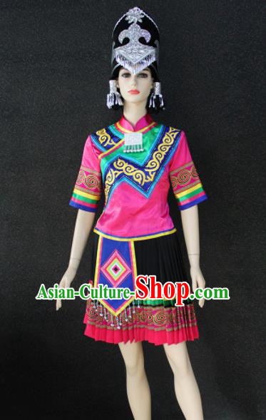 Chinese Traditional Yi Nationality Female Rosy Dress Ethnic Folk Dance Costume for Women