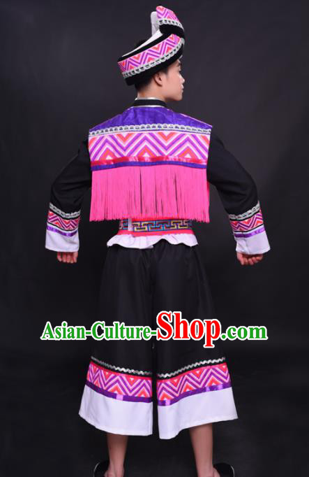 Chinese Traditional Ethnic Pink Tassel Costume Zhuang Nationality Festival Folk Dance Clothing for Men