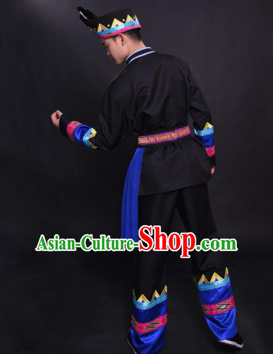 Chinese Traditional Ethnic Blue Tassel Costume Zhuang Nationality Festival Folk Dance Clothing for Men