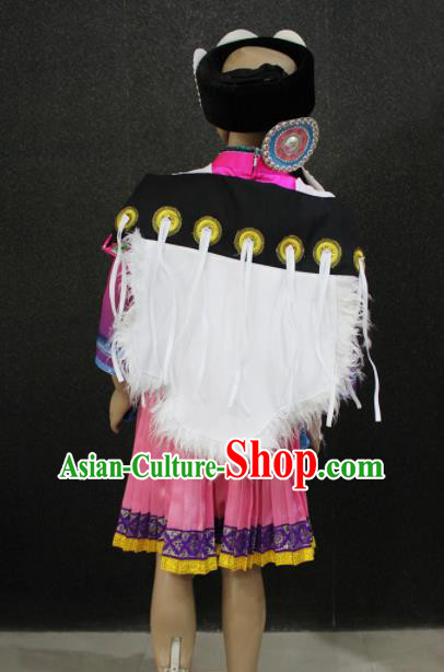 Chinese Traditional Naxi Nationality Embroidered Rosy Dress Ethnic Folk Dance Costume for Women