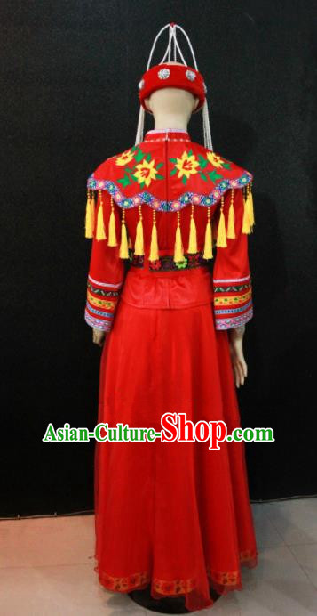 Chinese Traditional She Nationality Wedding Red Dress Ethnic Bride Folk Dance Costume for Women