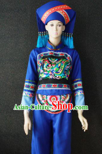 Chinese Traditional Zhuang Nationality Embroidered Blue Clothing Ethnic Bride Folk Dance Costume for Women