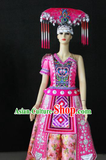 Chinese Traditional Zhuang Nationality Wedding Pink Dress Ethnic Folk Dance Costume for Women