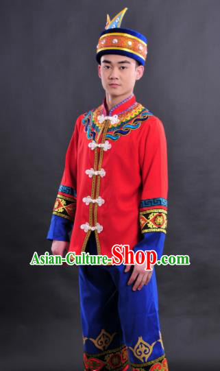 Chinese Traditional Ethnic Red Costume Zhuang Nationality Festival Folk Dance Clothing for Men