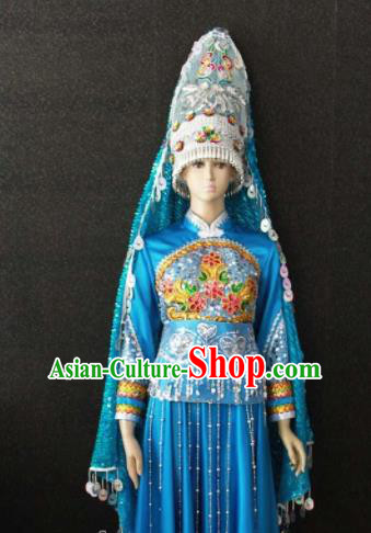 Chinese Traditional Naxi Nationality Embroidered Blue Dress Ethnic Bride Folk Dance Costume for Women