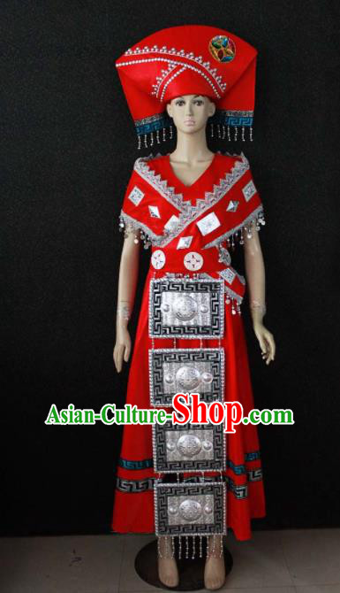 Chinese Traditional Zhuang Nationality Wedding Red Dress Ethnic Bride Folk Dance Costume for Women