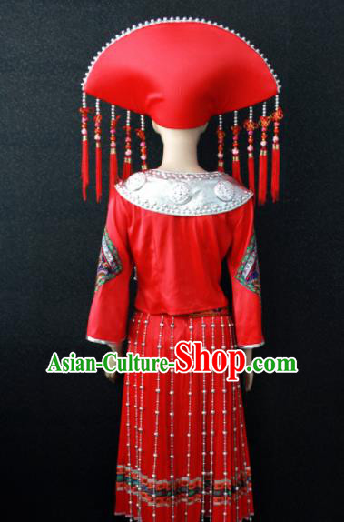 Chinese Traditional Zhuang Nationality Red Dress Ethnic Bride Folk Dance Costume for Women