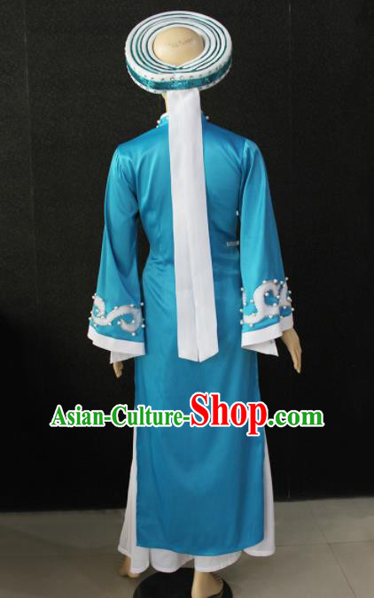 Chinese Traditional Jing Nationality Blue Dress Ethnic Folk Dance Costume for Women