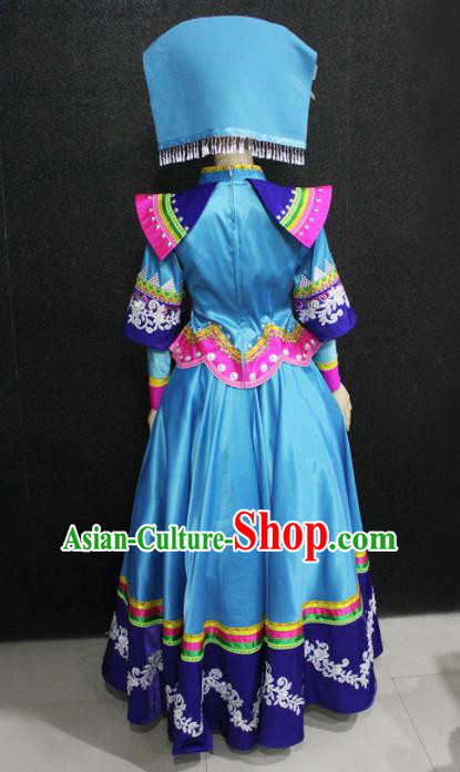 Chinese Traditional Zhuang Nationality Wedding Blue Dress Ethnic Folk Dance Costume for Women