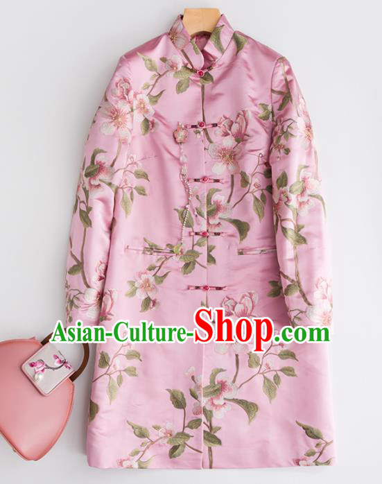 Chinese Traditional National Costume Tang Suit Embroidered Pink Coat Outer Garment for Women