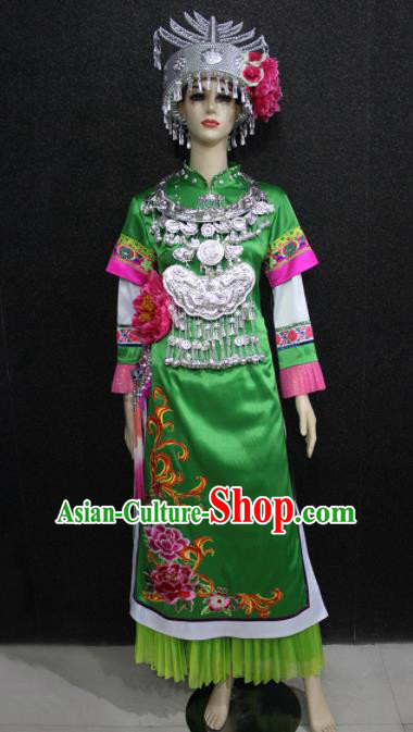 Chinese Traditional Shui Nationality Wedding Green Dress Ethnic Folk Dance Costume for Women