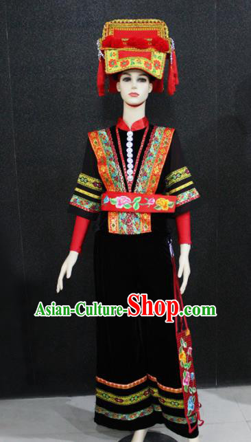 Chinese Traditional Qiang Nationality Female Black Clothing Ethnic Folk Dance Costume for Women