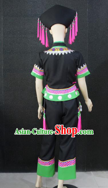 Chinese Traditional Zhuang Nationality Black Clothing Ethnic Folk Dance Costume for Women