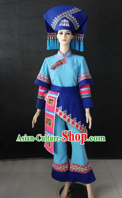Chinese Traditional Zhuang Nationality Light Blue Clothing Ethnic Folk Dance Costume for Women