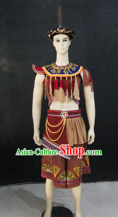 Chinese Traditional Ethnic Brown Costume Zhuang Nationality Festival Folk Dance Clothing for Men