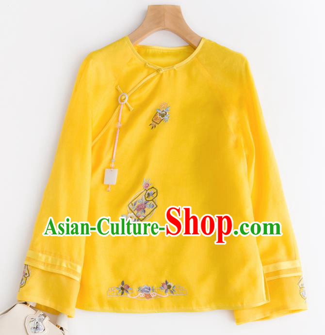 Chinese Traditional National Costume Tang Suit Embroidered Yellow Blouse Upper Outer Garment for Women