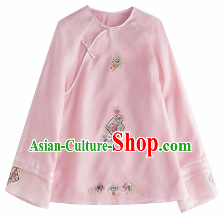 Chinese Traditional National Costume Tang Suit Embroidered Pink Blouse Upper Outer Garment for Women