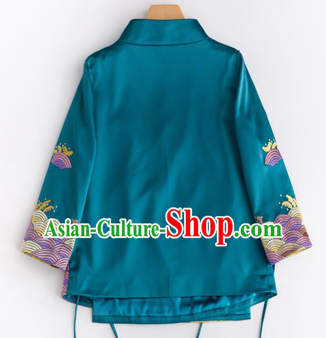 Chinese Traditional National Costume Tang Suit Upper Outer Garment Embroidered Blue Blouse for Women
