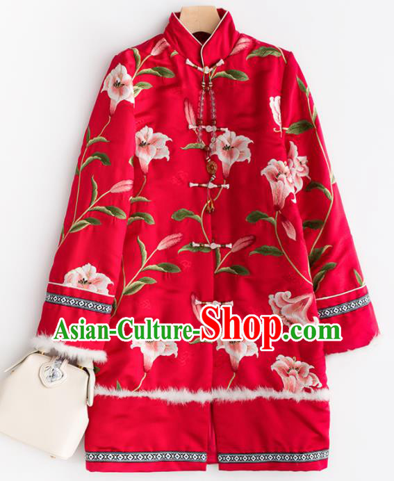 Chinese Traditional National Winter Costume Tang Suit Upper Outer Garment Embroidered Red Cotton Padded Coat for Women