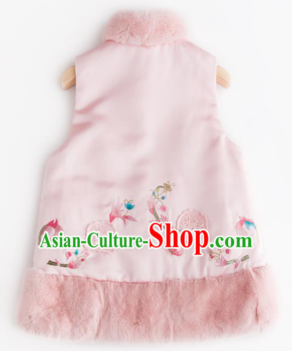 Traditional Chinese National Costume Tang Suit Pink Wool Waistcoat Upper Outer Garment for Women