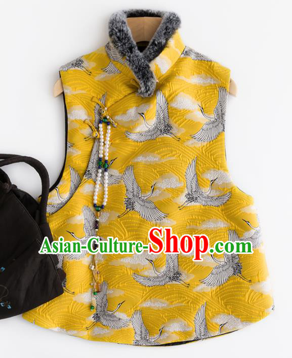 Traditional Chinese National Costume Tang Suit Embroidered Cranes Yellow Waistcoat Upper Outer Garment for Women