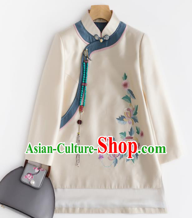 Chinese Traditional Tang Suit National Costume Upper Outer Garment Embroidered White Coat for Women