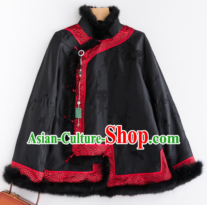 Chinese Traditional Tang Suit Black Cotton Wadded Jacket National Costume Upper Outer Garment for Women