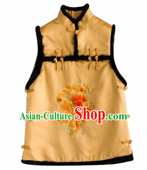 Traditional Chinese National Costume Tang Suit Embroidered Peony Yellow Waistcoat for Women