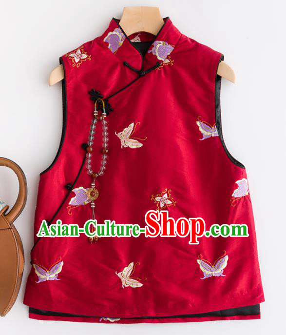 Traditional Chinese National Costume Tang Suit Embroidered Butterfly Red Waistcoat for Women