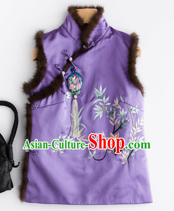 Traditional Chinese National Costume Tang Suit Embroidered Purple Brocade Waistcoat for Women
