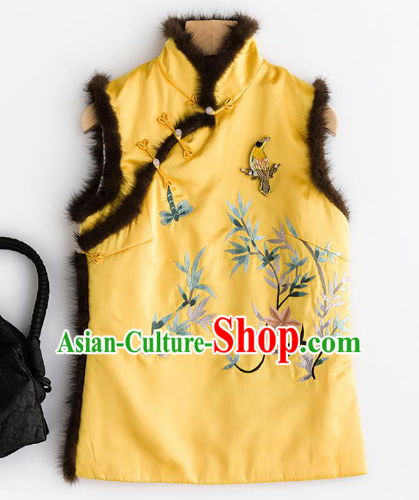 Traditional Chinese National Costume Tang Suit Embroidered Yellow Brocade Waistcoat for Women