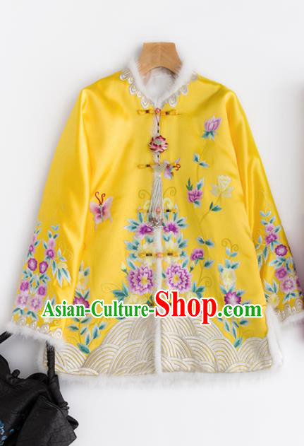Chinese Traditional Costume National Tang Suit Yellow Cotton Padded Jacket Outer Garment for Women