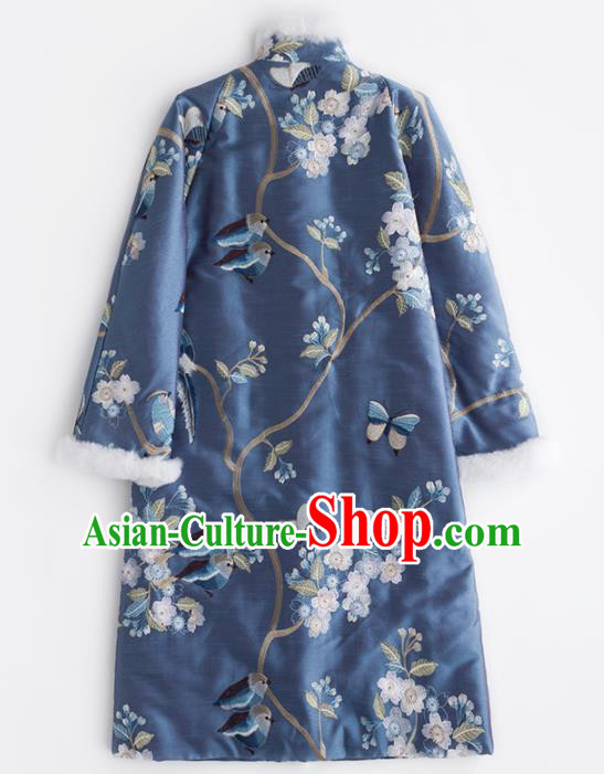 Chinese Traditional Embroidered Costume National Tang Suit Blue Cotton Padded Coat Outer Garment for Women