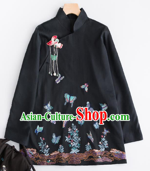 Chinese Traditional Costume National Tang Suit Embroidered Black Blouse Upper Outer Garment for Women