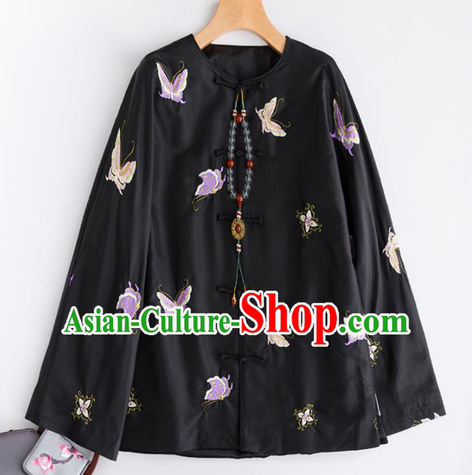 Chinese Traditional Costume National Tang Suit Shirts Embroidered Butterfly Black Blouse for Women