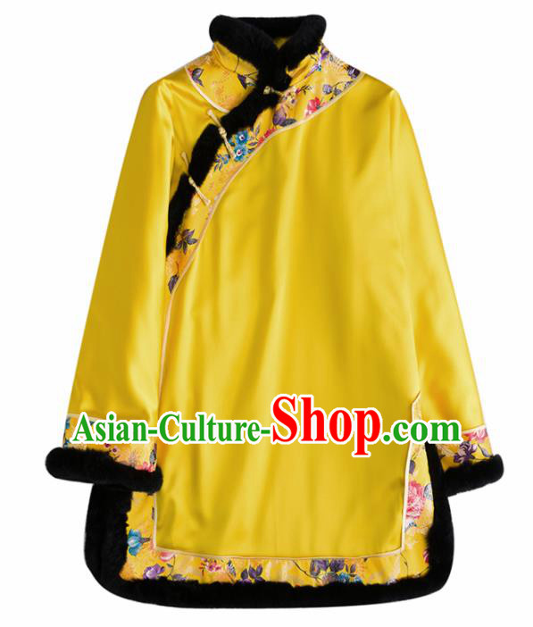 Chinese Traditional Costume National Tang Suit Yellow Jacket Embroidered Outer Garment for Women