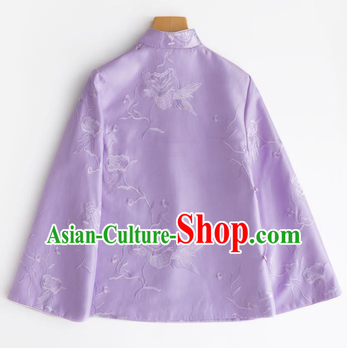 Chinese Traditional National Costume Tang Suit Outer Garment Embroidered Purple Blouse for Women
