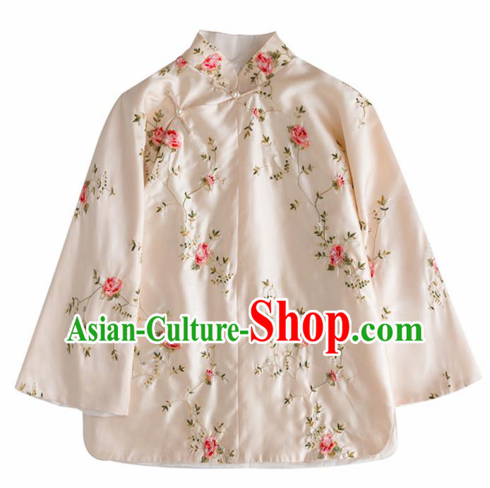 Chinese Traditional National Costume Tang Suit Outer Garment Beige Silk Blouse for Women