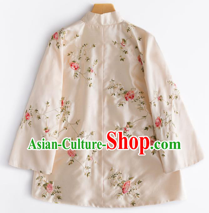 Chinese Traditional National Costume Tang Suit Outer Garment Beige Silk Blouse for Women