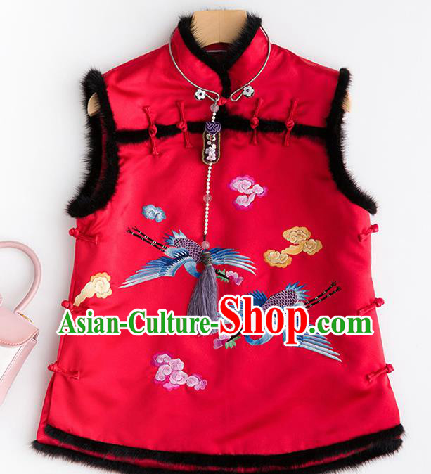 Traditional Chinese National Costume Embroidered Cranes Red Vest Tang Suit Waistcoat for Women