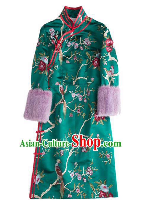 Chinese Traditional Costume National Cheongsam Ancient Qing Dynasty Green Silk Qipao Dress for Women