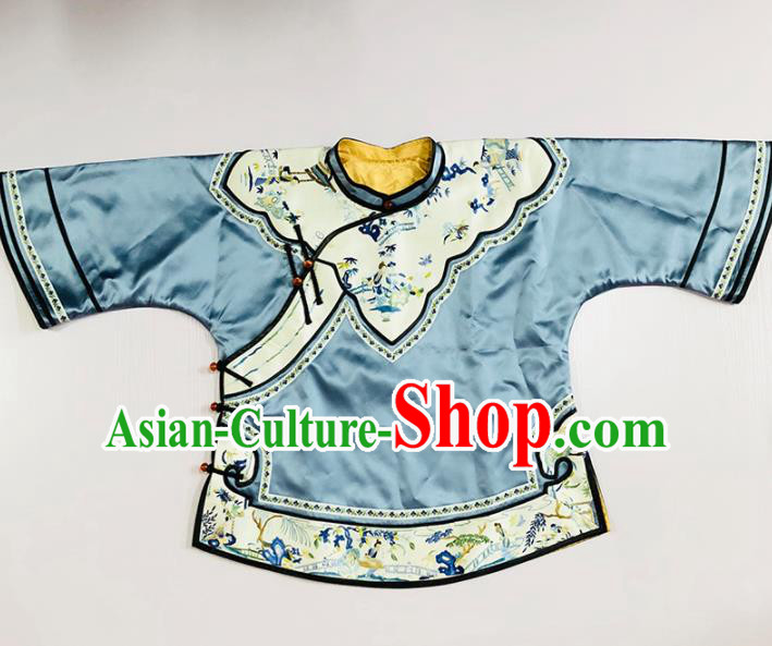 Chinese Traditional National Costume Tang Suit Upper Outer Garment Blue Silk Blouse for Women
