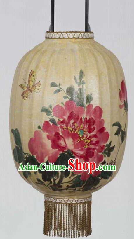 Chinese Traditional Ink Painting Red Peony Lantern Handmade New Year Palace Lanterns
