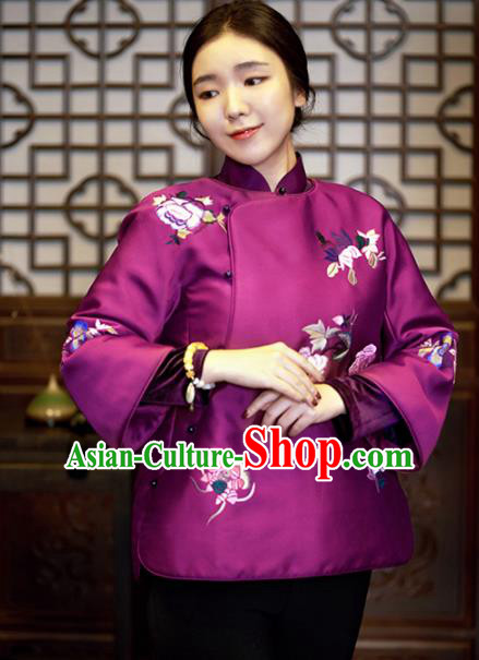 Chinese Traditional Costume National Tang Suit Purple Cotton Padded Jacket Outer Garment for Women