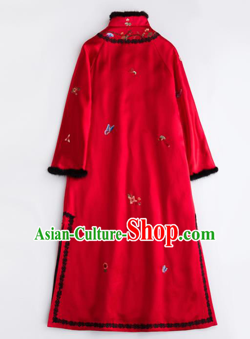 Chinese Traditional Costume National Tang Suit Red Cotton Padded Coat Outer Garment for Women