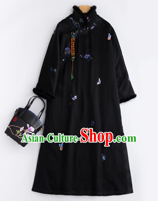 Chinese Traditional Costume National Tang Suit Black Cotton Padded Coat Outer Garment for Women
